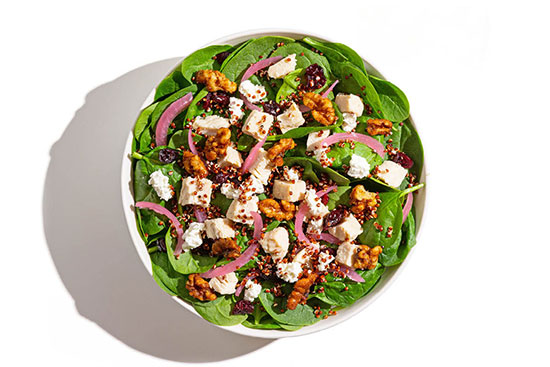 Spinach salad with grilled chicken, goat cheese, candied walnuts, pickled onions, dried cranberries, and quinoa.