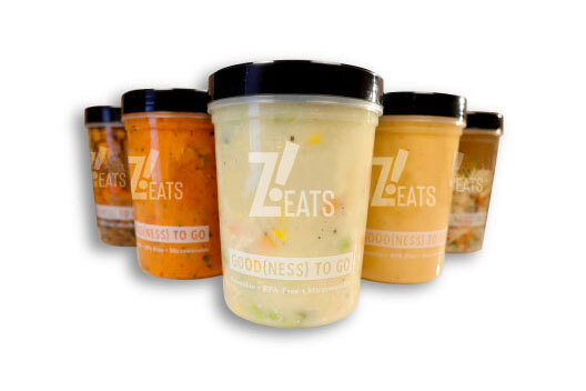 5 Soup containers, each one with a different soup.