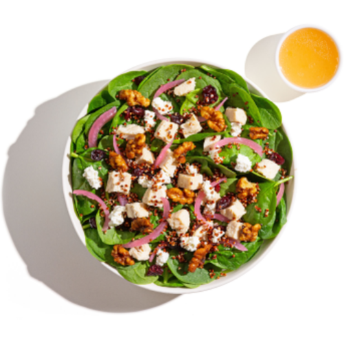 Spinach salad topped with grilled chicken, pickled red onions, goat cheese, candied walnuts, dried cranberries, and red quinoa, served with a cup of orange vinaigrette.