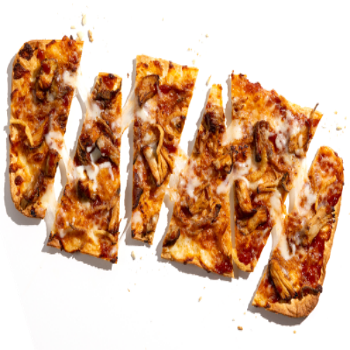 Sliced flatbread pizza with shredded chicken, melted cheese, and barbecue sauce.