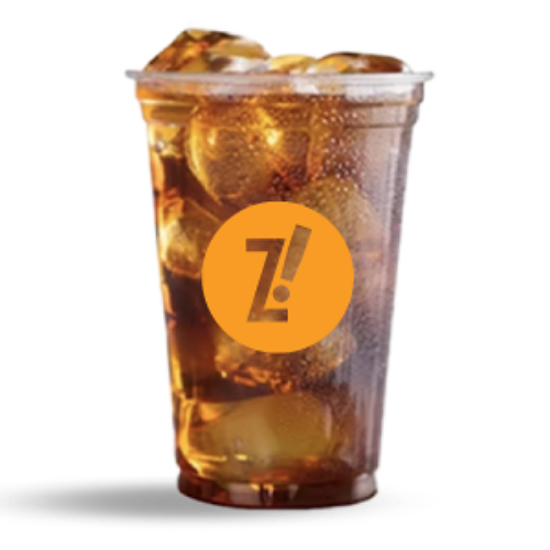 Iced cola in a plastic cup with the Z! logo.