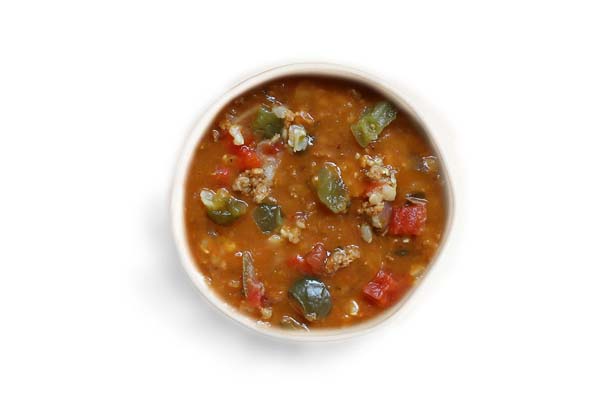 Stuffed pepper soup with ground meat, rice, bell peppers, and tomato broth.