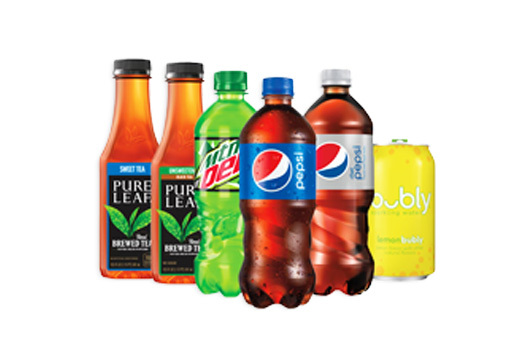 Various pepsi brand bottles, like Pepsim Mountain Dew and others